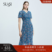 SUSSI/古色22夏季蓝色X型短袖雪纺灯笼袖印花连衣裙女