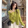 高级感不规则长袖针织开衫女秋冬设计感小众宽松短款绿色毛衣外套