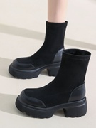 马丁靴女2023秋冬厚底弹力靴黑色增高中筒靴小个子高跟瘦瘦靴