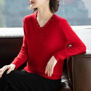 妈妈100%纯羊毛衫中老年女秋冬红色内搭针织打底毛衣，洋气冬装40岁