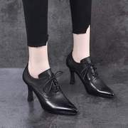尖头高跟鞋女2023秋黑色头层牛皮系带细跟时装鞋，两种高度深口单鞋