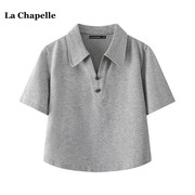 拉夏贝尔/La Chapelle夏季灰色短袖t恤女Polo领小衫简约百搭上衣