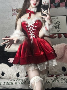 圣诞节纯欲风辣妹兔女郎cosplay性感红色制服拼接网纱丝绒连衣裙