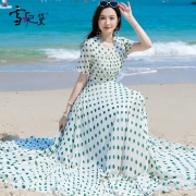 夏季绿色波点雪纺连衣裙，女长款超长大摆裙子