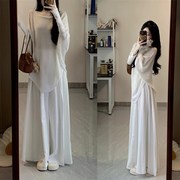 慵懒风套装裙女不规则蝙蝠袖白色针织衫秋季高腰半身长裙两件套女