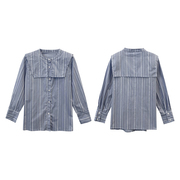 蓝色早春长袖衬衫圆领条纹，设计上衣时尚休闲洋气c$13