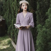 2023年式淑女范女神气质长裙紫色翻领系带连衣裙气质通勤女装