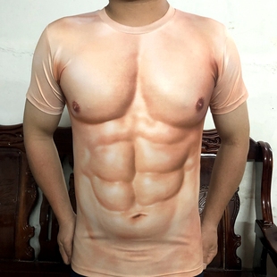 潮流肌肉男t恤3d性感仿真6八块腹肌短袖修身创意恶搞图案大码衣服