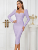 浅紫色性感长袖方领绷带裙女士气质露背绑带中长款包臀显瘦小礼服