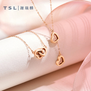 tsl谢瑞麟甜心系列18k金项链双爱心，一款多戴玫瑰金套链ag876