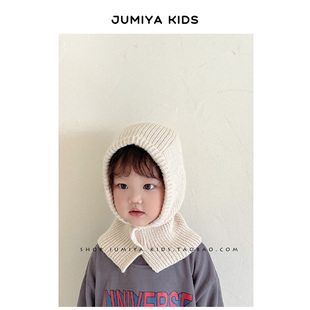 ins韩国秋季儿童帽子，围脖一体宝宝保暖挡风护耳帽披肩毛线帽