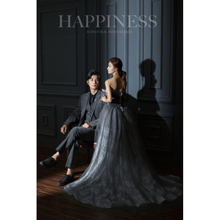 高货影楼情侣写真摄影礼服灰色绒面蕾丝抹胸个性时尚复古婚纱拍照