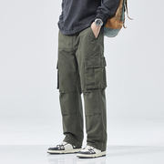 高品质军绿色工装裤男士，2023秋季宽松直筒，日系复古多袋休闲裤