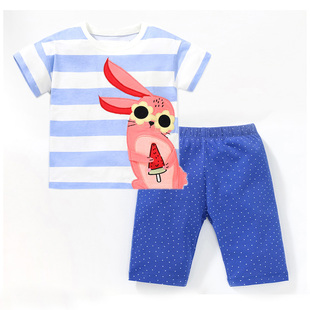 女童蓝条纹短袖T恤宝宝兔子半袖打底裤2件套儿童夏装小童短裤套装
