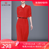 欧美时尚洋气质红色，遮肚衬衫连衣裙，2023夏季女中长款修身显瘦