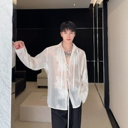 欧根纱衬衫男时尚绣花系带，长袖衬衣韩版夏季薄款微透性感防晒上衣