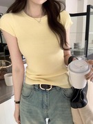 韩版套头圆领修身短袖t恤女2024夏季显瘦奶黄色百搭针织上衣