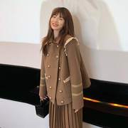 蕾丝拼接毛呢外套女2021年秋冬季短款呢子，大衣韩版小个子