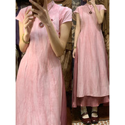 大码胖mm夏装搭配一整套新中式复古国风，粉色改良旗袍连衣裙两件套