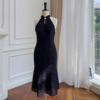 法式新中式旗袍黑色宴会礼服蕾丝修身连衣裙可拆卸珍珠链鱼尾裙