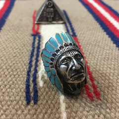 1970s美国印第安Zuni部落绿松石镶嵌酋长头像纯银古董戒指男 17码