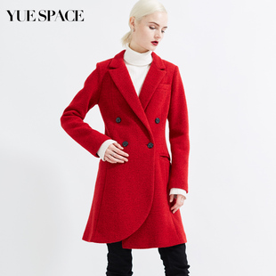 悦空间羊毛呢外套小西装女中长款修身双排扣红色西装领春秋欧美
