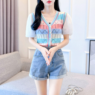 夏季韩版洋气女装设计感雪纺袖V领T恤冰丝针织防晒开衫女