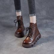厚底增高马丁靴女2023年秋季复古真皮短靴圆头坡跟侧拉链单靴