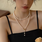 时尚长款项链天然淡水珍珠项链双层锁骨链毛衣链旗袍链女主角时尚