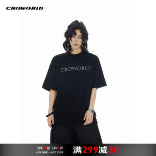 CROWORLD 夏季镜面异形烫钻图案短袖T恤男女圆领宽松半袖上衣