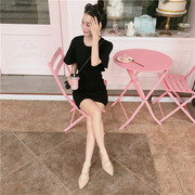 黑色T恤连衣裙包臀裙中长款女装露腰女夏季修身短裙性感裙子短袖
