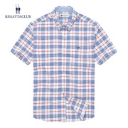 Regatta Club男士夏装短袖格子衫商务休闲青年纯棉直筒男衬衫