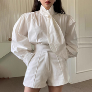 韩国chic夏季法式复古半高领拼接大领带宽松长袖衬衫+短裤套装女