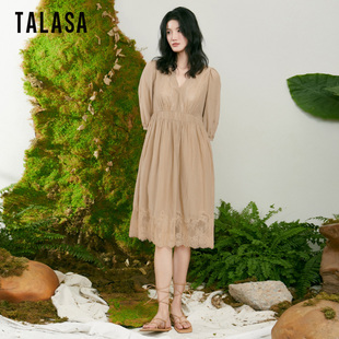 TALASA商场同款丝棉连衣裙2024年蕾丝拼接设计收腰显瘦中长裙