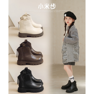 小米步女童马丁靴2023秋冬季靴子儿童加绒短靴小女孩黑色皮靴