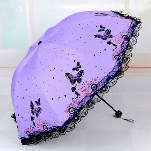 蕾丝花边遮阳伞时尚，小巧折叠晴雨两用太阳伞，黑胶户外女式超轻雨伞
