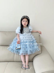 女童蓝色亮片网纱蛋糕裙，2024夏季女孩，美人鱼公主裙生日连衣裙