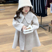 eyas甜美娃娃领双排扣毛呢大衣，2023秋冬女童纯色中长款加绒外套