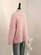 vintage加厚保暖马海毛宽松套头粉色毛衣，安哥拉山羊毛针织打底衫