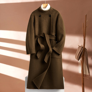 韩版宽松保暖骆驼绒大衣，2023秋冬气质，立领系带羊绒外套女长款
