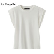 拉夏贝尔/La Chapelle夏季圆领修身飞飞袖T恤女纯色打底背心上衣
