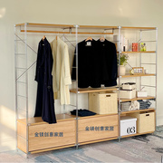 简约日式不锈钢置物架衣柜落地开放收纳家用挂衣多层实木组合架