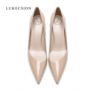 lukecsion舒适高跟鞋女秋真皮，浅口中跟裸色漆皮，尖头细跟大码单鞋