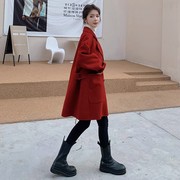 红色茧型毛呢西装外套女冬季2023韩系温柔高级感小个子呢大衣
