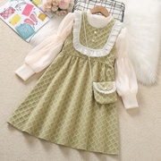 女童套装背心裙春秋款洋气时髦甜美小香风绿色儿童两件套公主裙子