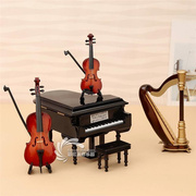 刻字木质八音盒礼质钢琴音iff乐竖琴小木提琴，大提盒琴模型摆件生
