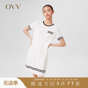 OVV春夏女装经典撞色真丝羊毛时尚A字短袖针织连衣裙