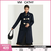 vivi大码女装2023冬复古学院风，藏青色牛角扣宽松显瘦呢子大衣外套
