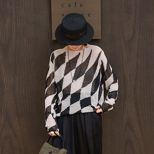 麻霖原创设计夏日本进口和纸纱黑白菱格镂空显瘦长袖针织衫