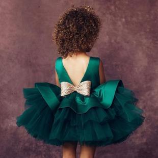 女童洋气绿色公主裙一周岁花童女宝生日礼服蓬蓬裙儿童网纱蛋糕裙